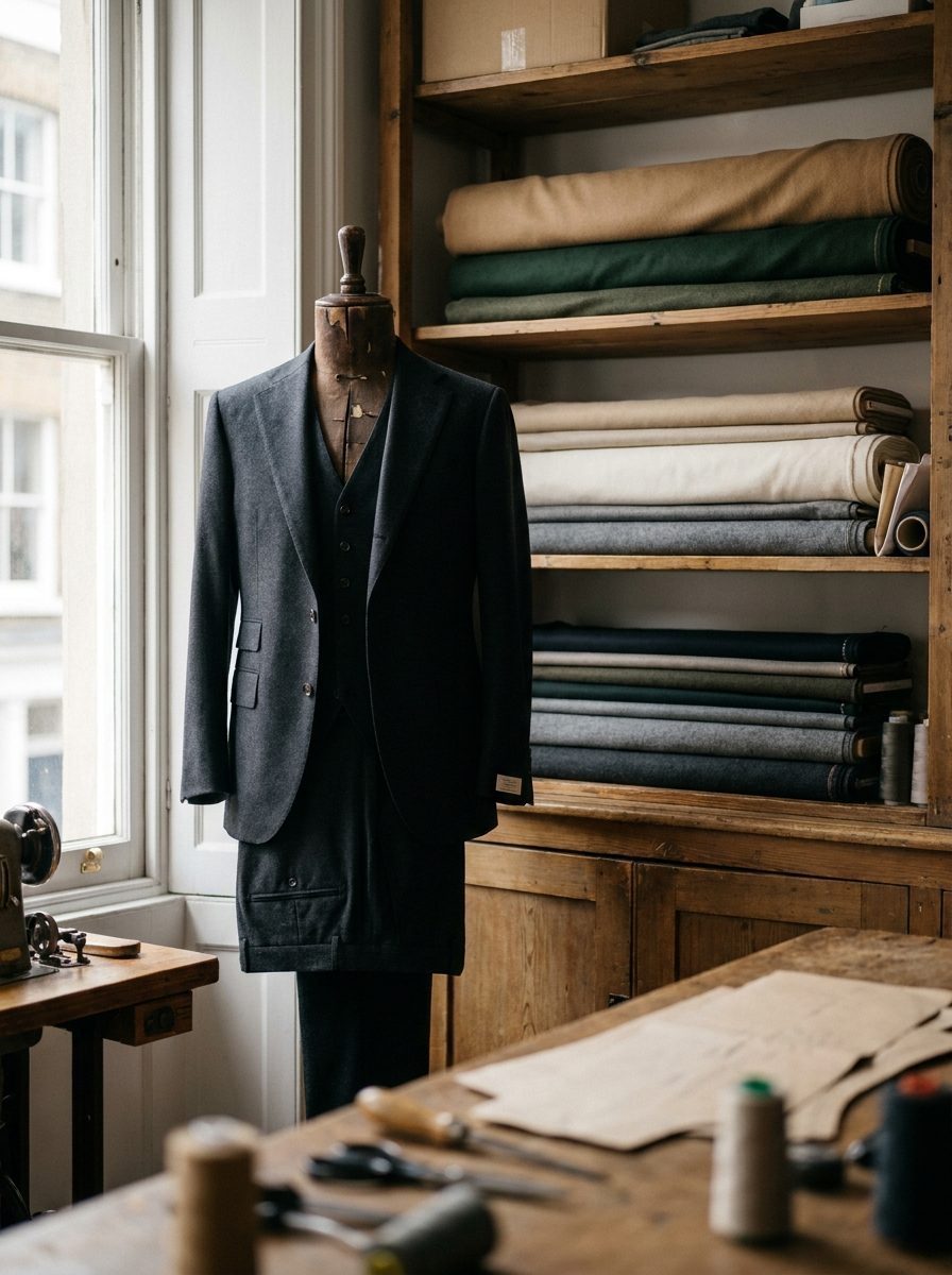 Traje de tres piezas hecho a medida en el taller de sastrería