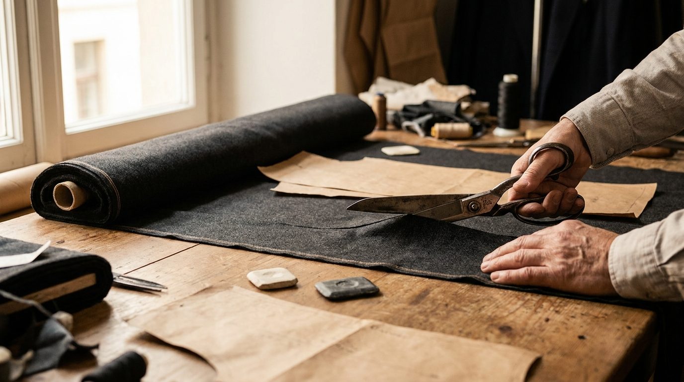 Corte de tejido de lana sobre la mesa del taller